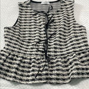 CAbi Black and White Tie Front Peplum Blouse